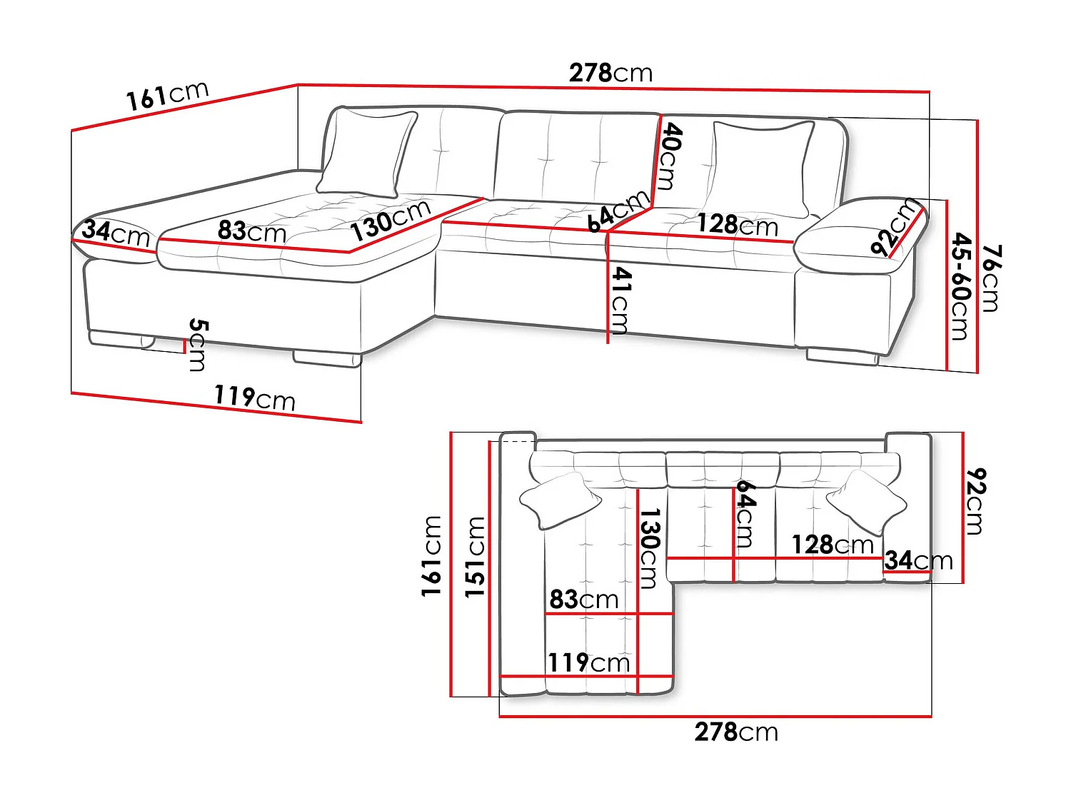 Sofá rinconero Comfivo 219, Azul, 278x161x76cm