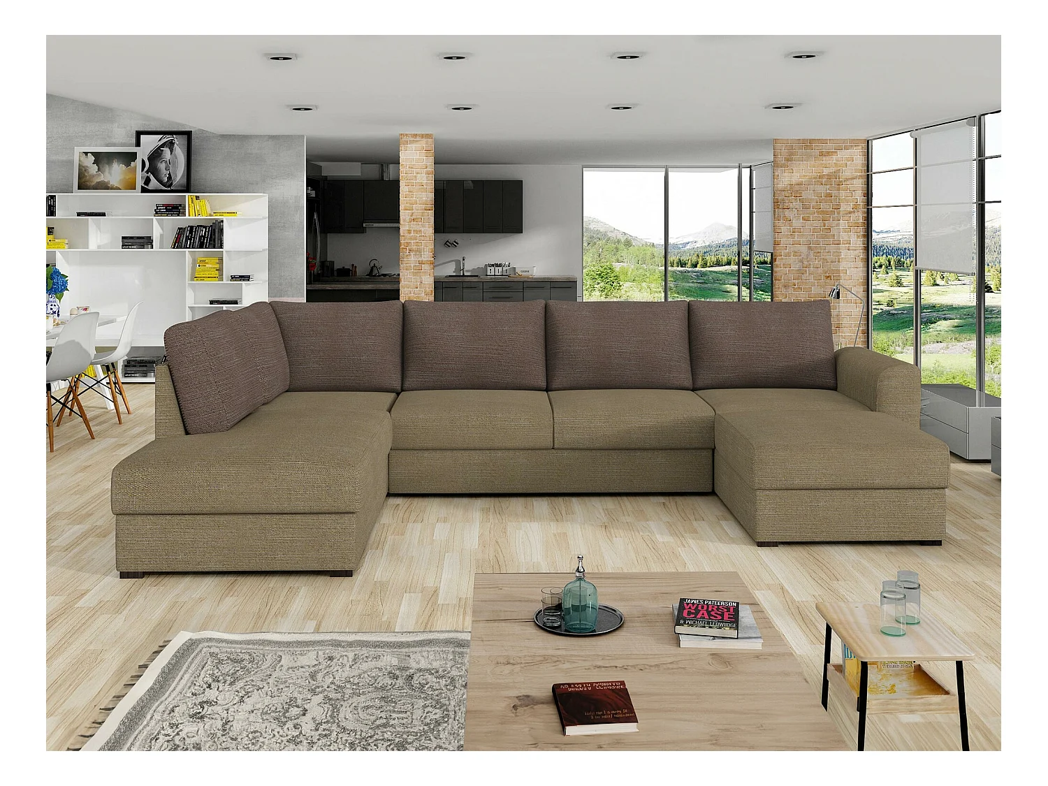 Sofá rinconero Comfivo 189, De color marrón claro, Función de descanso, Almacenaje, 305cm