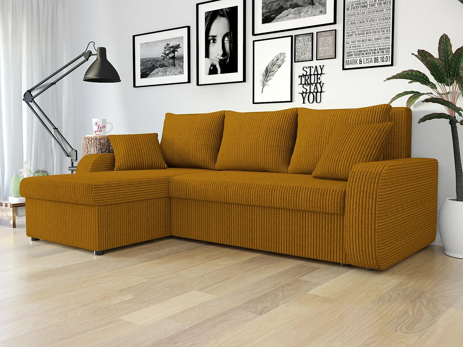 Sofá rinconero Comfivo Melissa I, Amarillo, Función de descanso, Almacenaje, 238x147x80cm