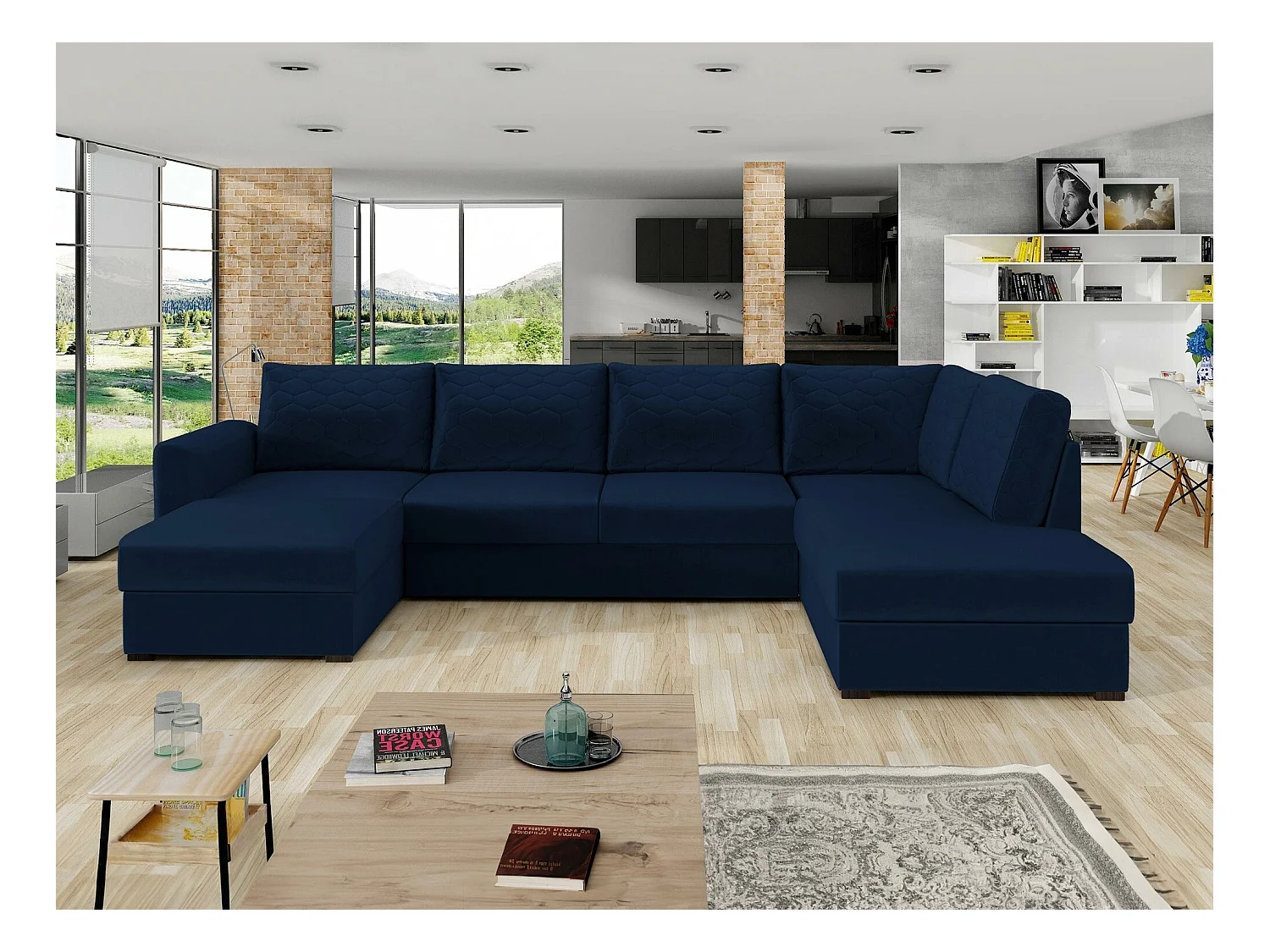 Canapé d'angle Comfivo 189, Bleu, Fonction de couchage, Boîte de literie, 305x188x85cm