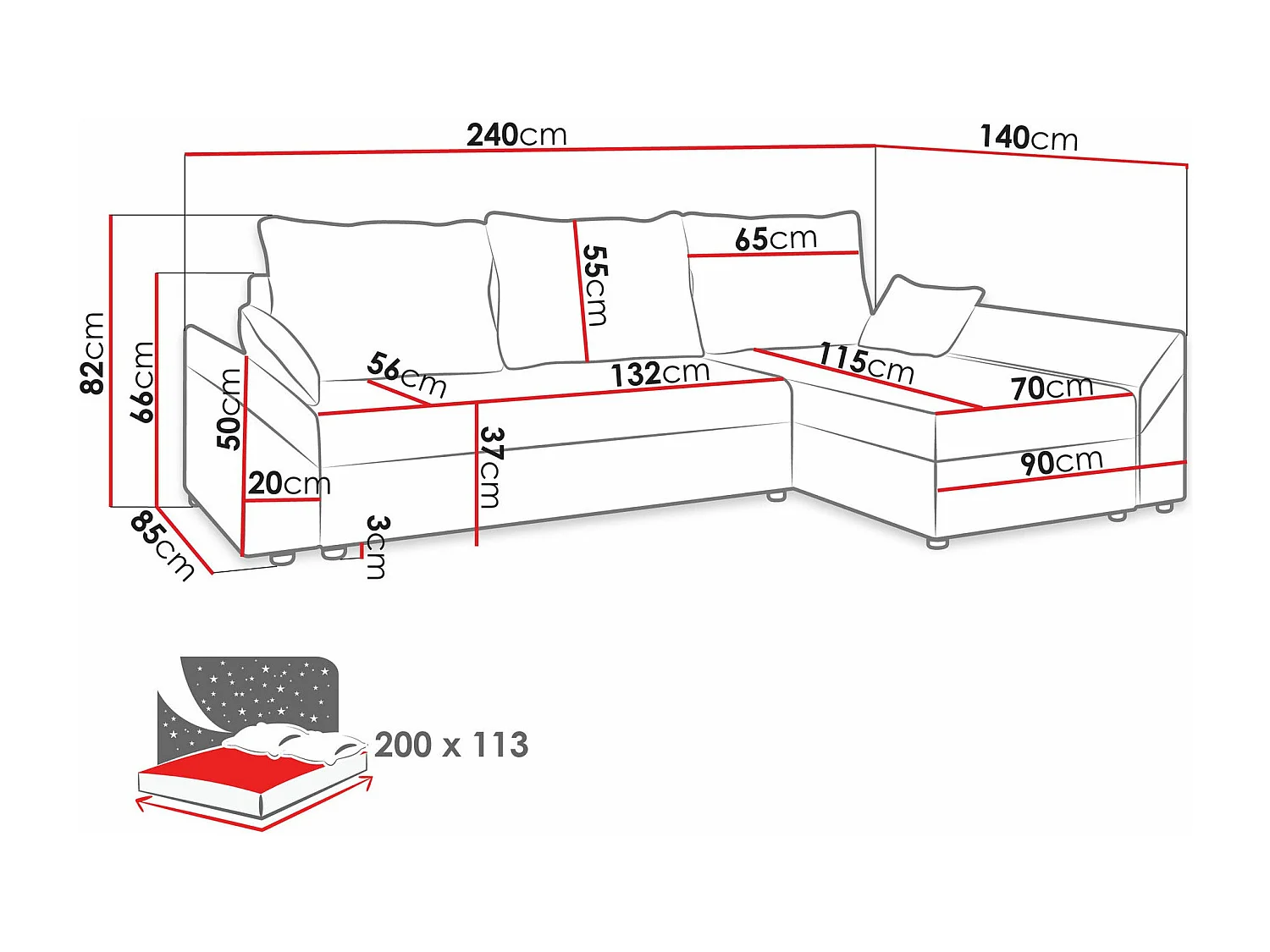 Canapé d'angle Memphis 130, Gris, Disponible, 240x140x82cm