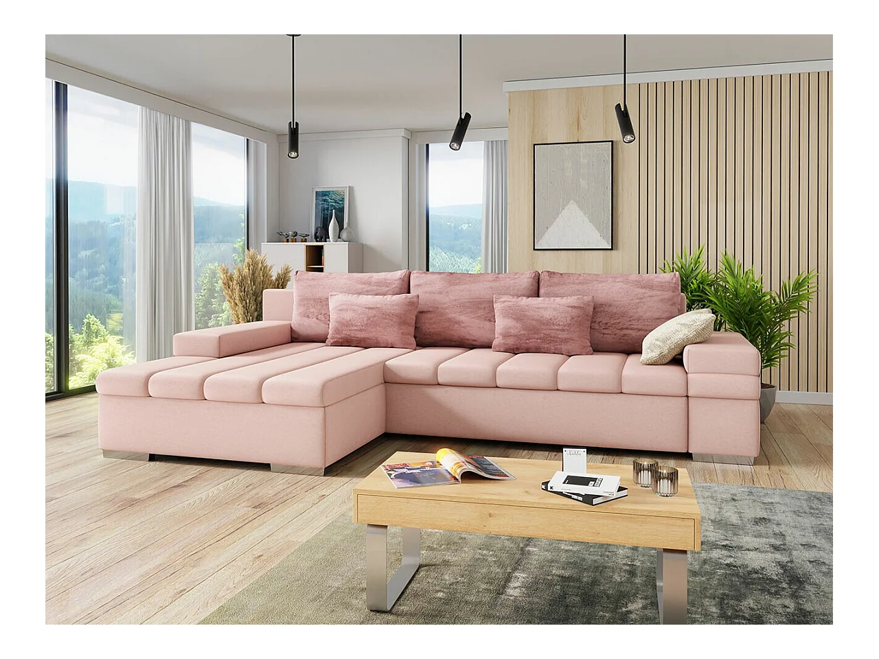 Canapé d'angle Comfivo 169, Rose, Fonction de couchage, Boîte de literie, 310x175x83cm