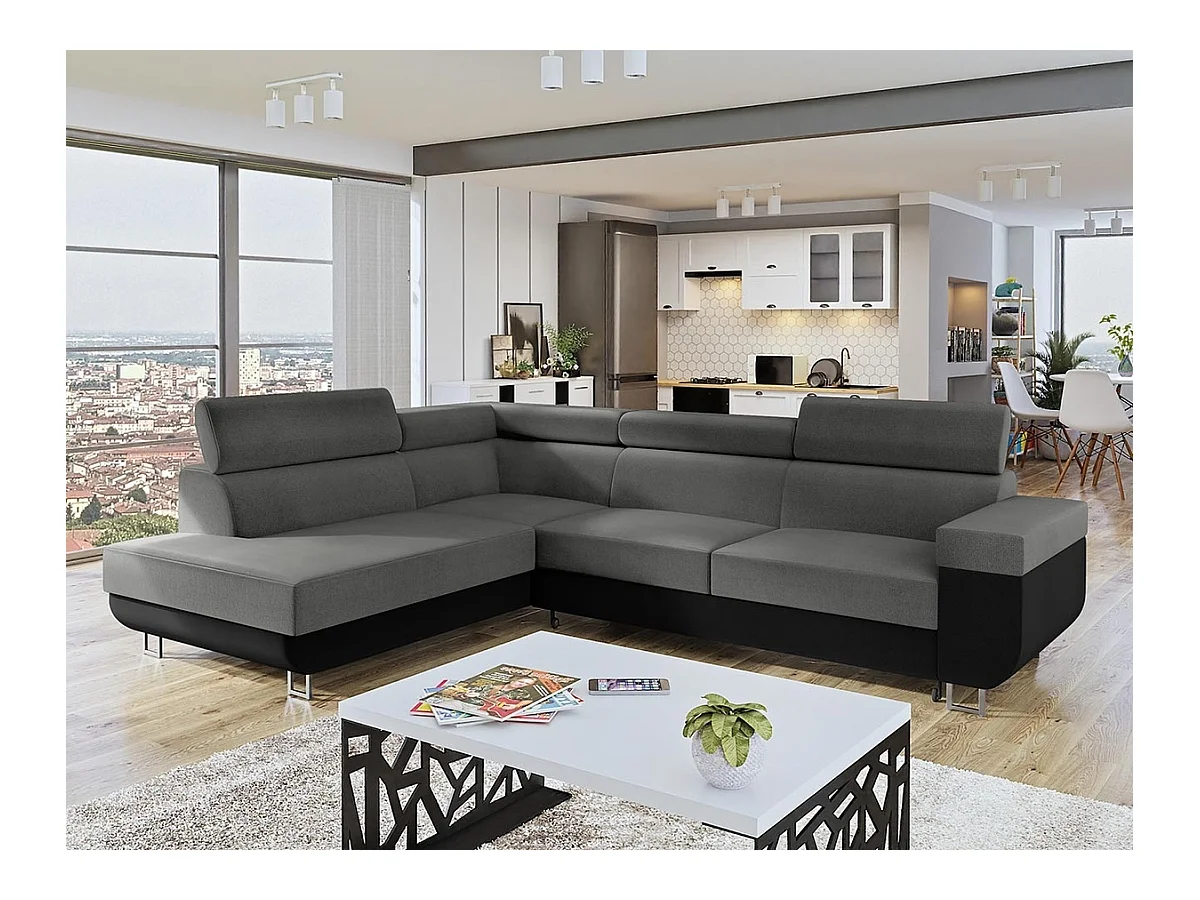 Canapé d'angle Comfivo 306, Gris, Fonction de couchage, Boîte de literie, 253x188x71cm