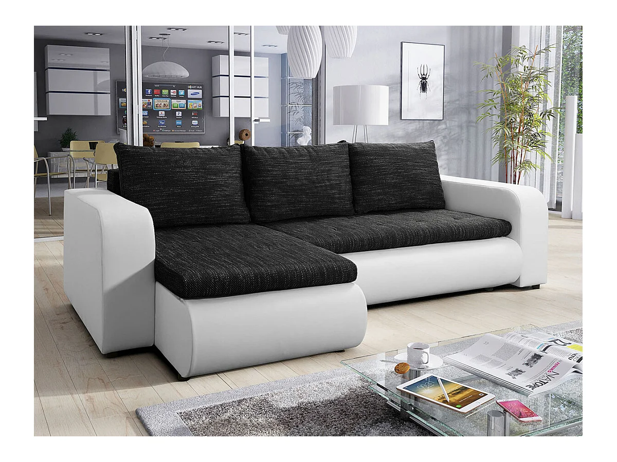 Sofá rinconero Muncie 100, Negro, Función de descanso, Almacenaje, 245x150x82cm
