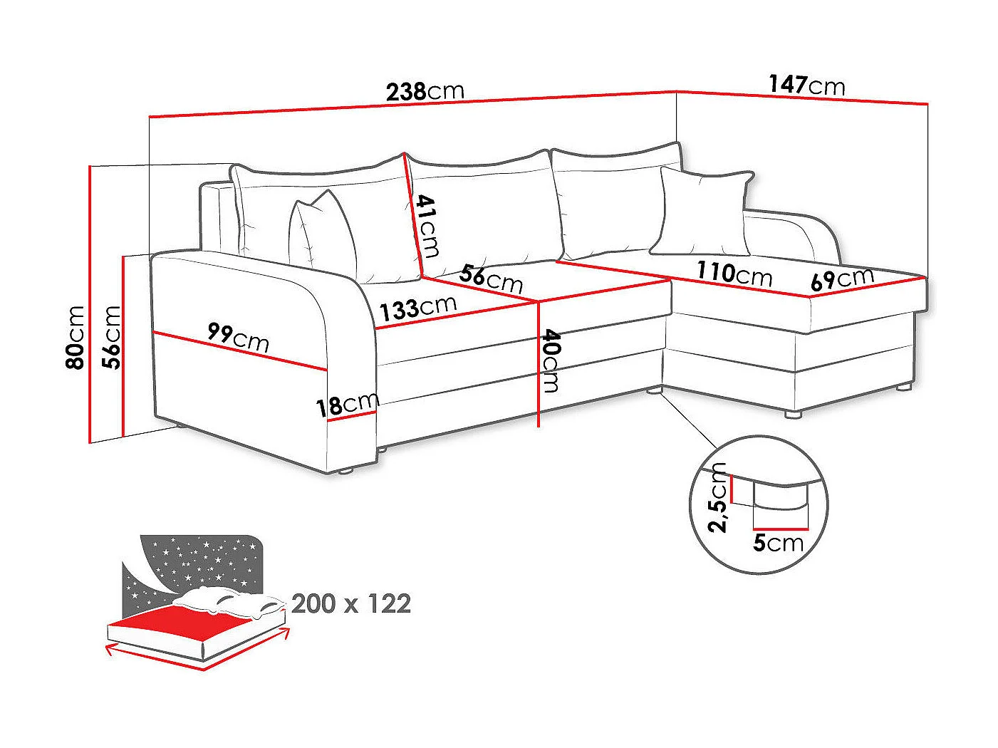 Canapé d'angle Comfivo 135, Brun clair, Fonction de couchage, Boîte de literie, 238x147cm