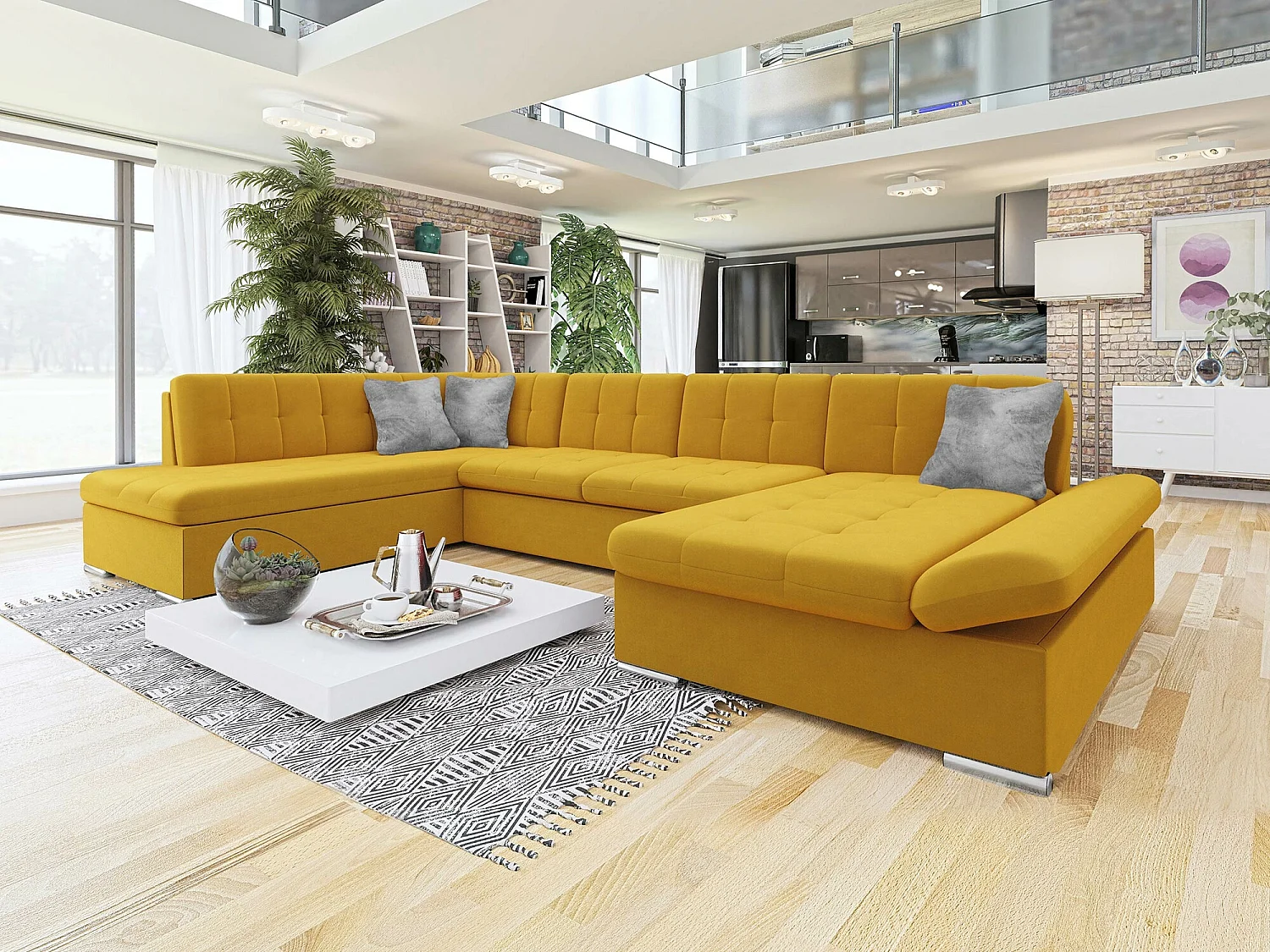 Sofá rinconero Comfivo 173, Amarillo, Función de descanso, Almacenaje, 345x205x76cm