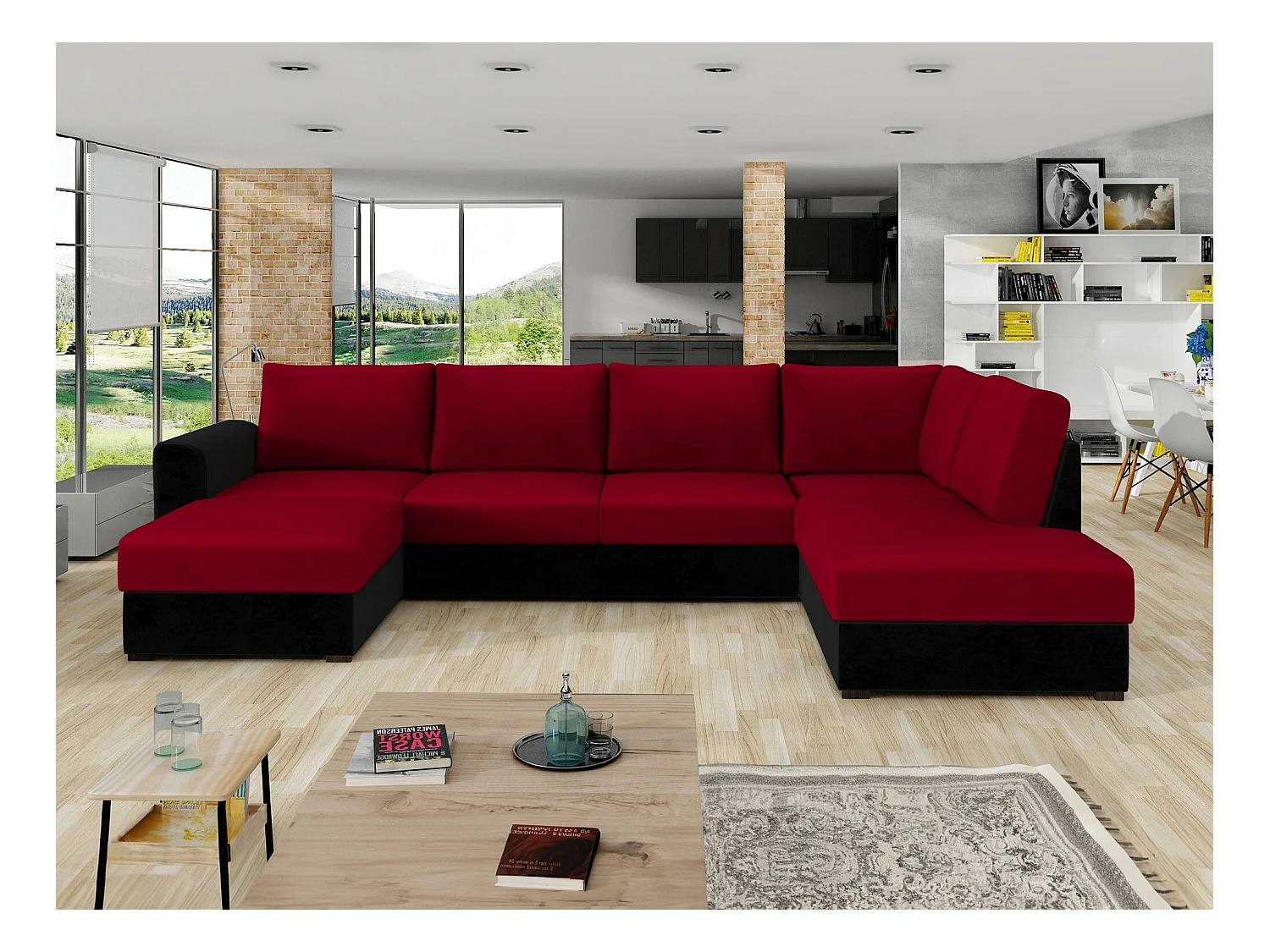 Canapé d'angle Comfivo 189, Rouge, Fonction de couchage, Boîte de literie, 305x188x85cm
