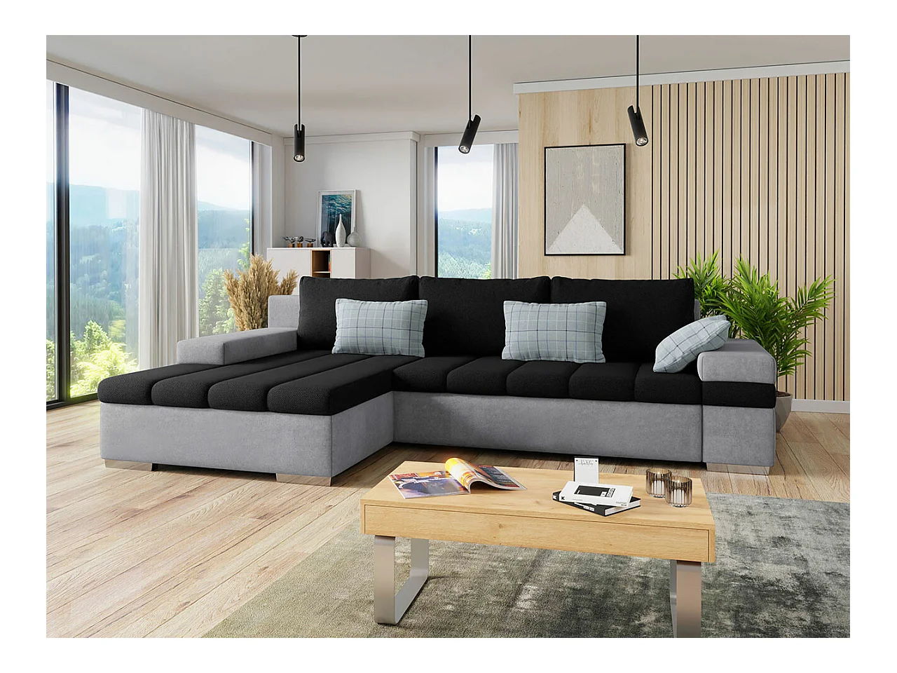 Canapé d'angle Comfivo 169, Noir, Fonction de couchage, Boîte de literie, 310x175x83cm
