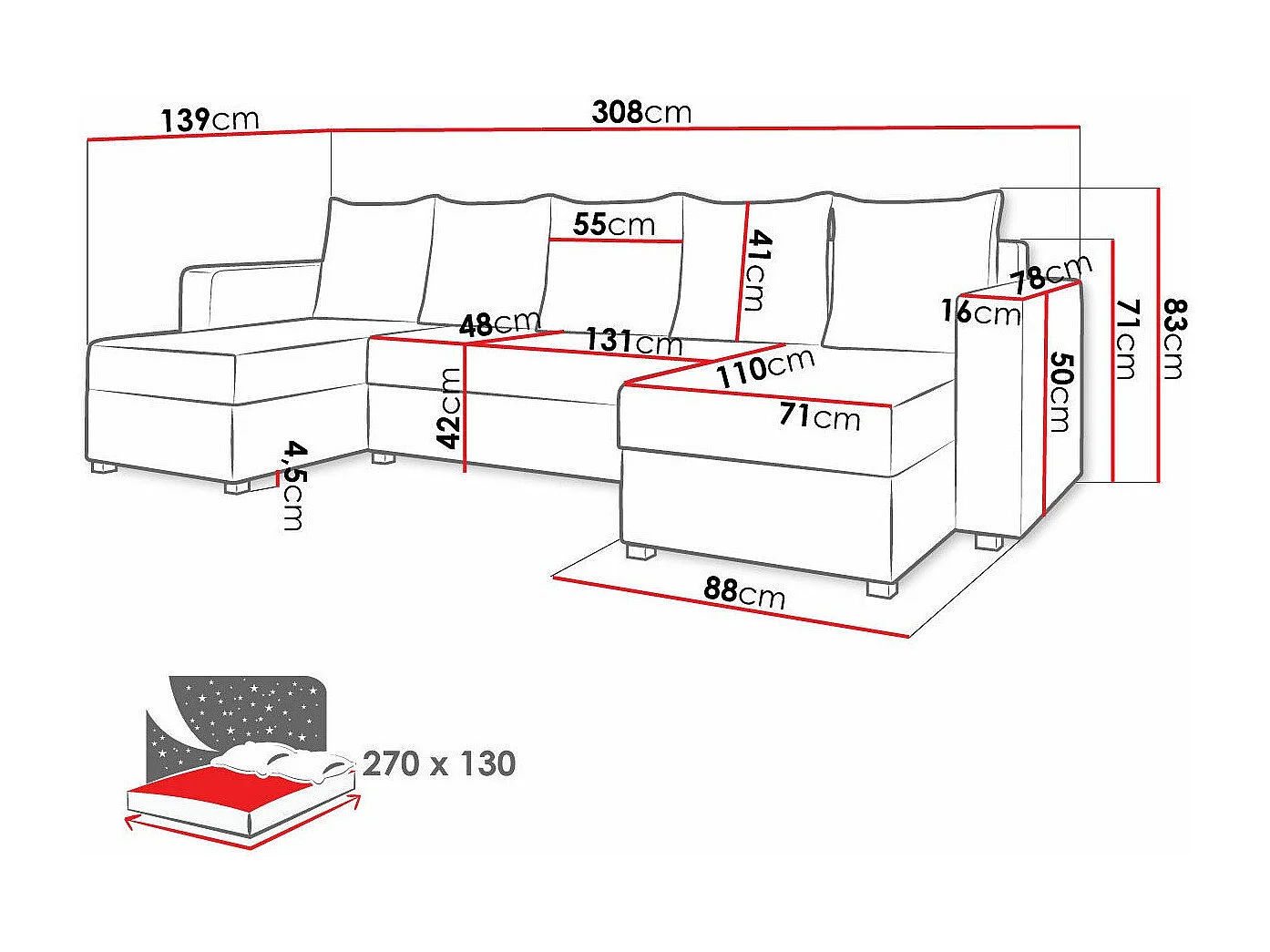 Canapé d'angle Memphis 121, Gris, Fonction de couchage, Boîte de literie, 308x139x83cm