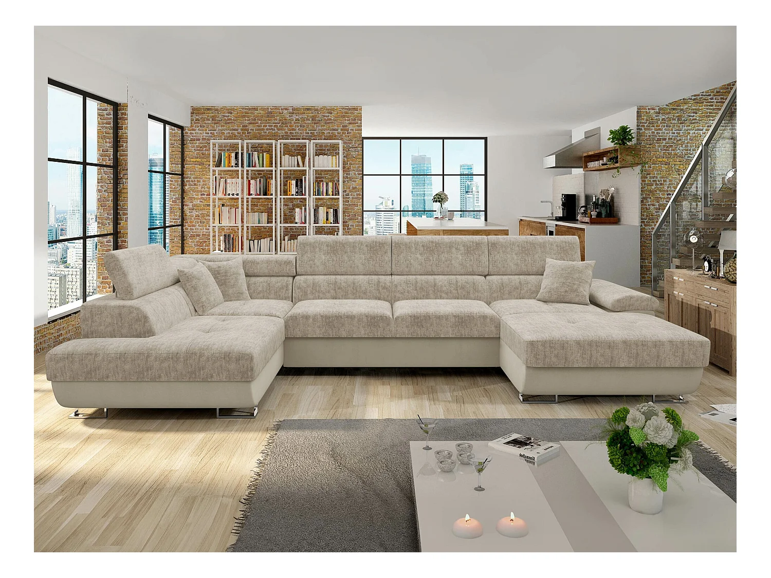 Canapé d'angle Comfivo 249, Brun clair, Fonction de couchage, Boîte de literie, 345x202cm