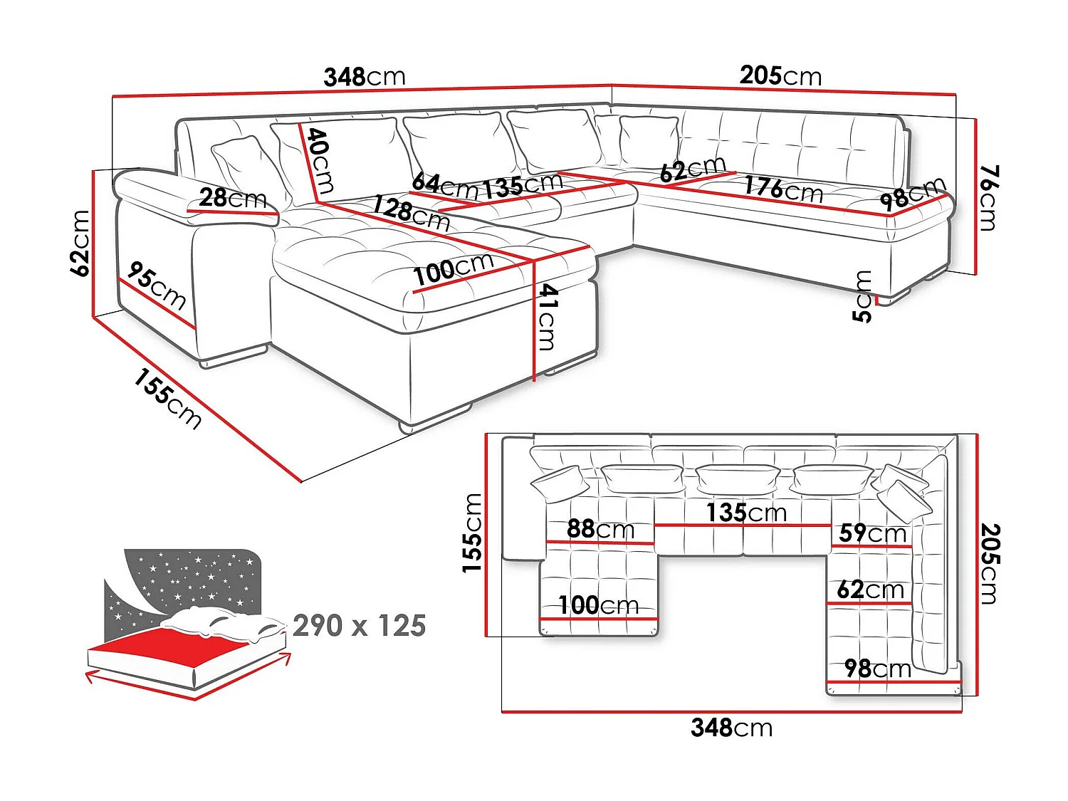 Sofá rinconero Comfivo 128, Gris, Función de descanso, 348x205x76cm