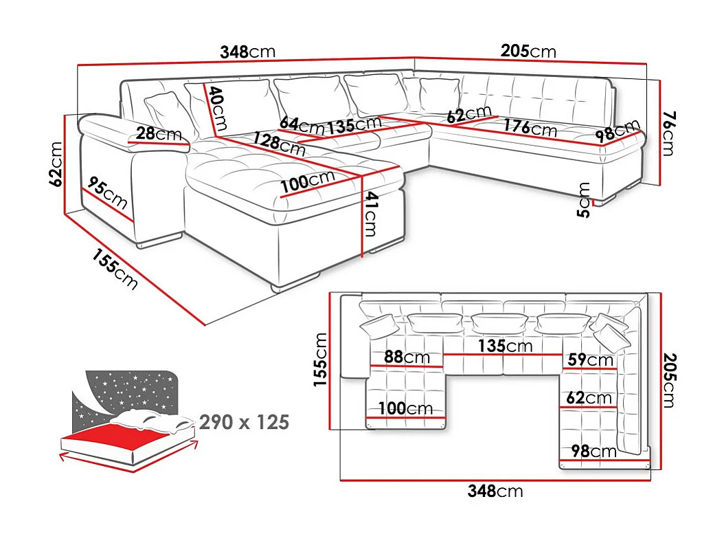 Sofá rinconero Comfivo 128, Gris, Función de descanso, 348x205x76cm