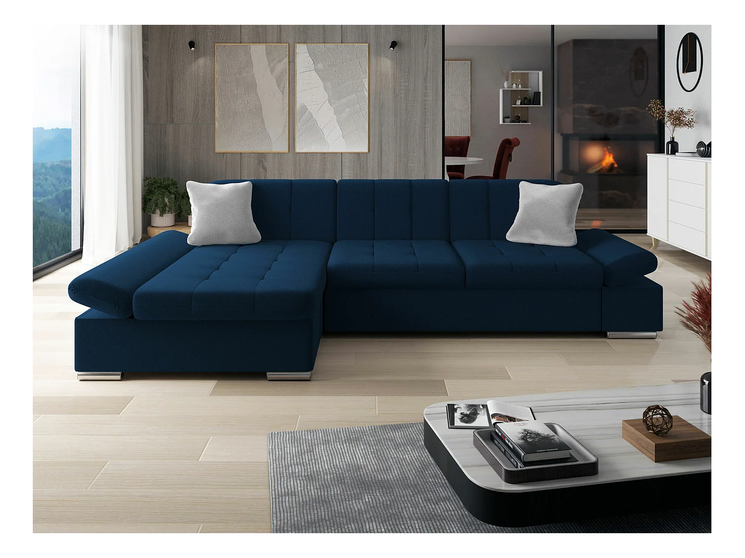Canapé d'angle Comfivo 152, Bleu, Fonction de couchage, Boîte de literie, 278x161x76cm