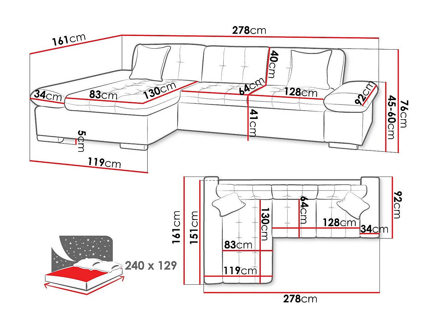 Canapé d'angle Comfivo 152, Bleu, Disponible, 278x161x76cm
