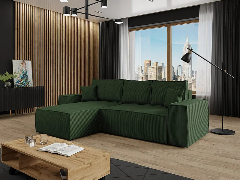Sofá rinconero Clovis 108, Verde, Función de descanso, Almacenaje, 279x174x94cm