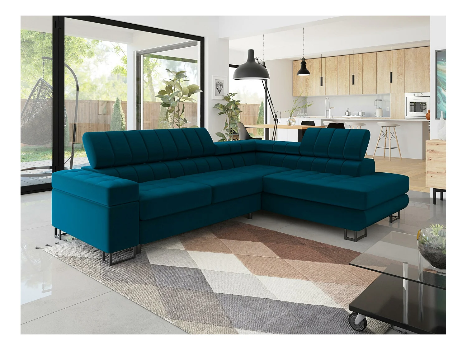 Canapé d'angle Comfivo 247, Turquoise, Fonction de couchage, Boîte de literie, 271x203cm