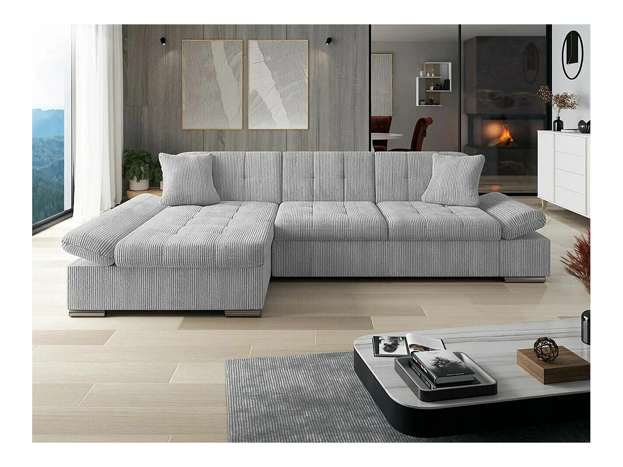 Canapé d'angle Comfivo 152, Gris, Fonction de couchage, Boîte de literie, 278x161x76cm