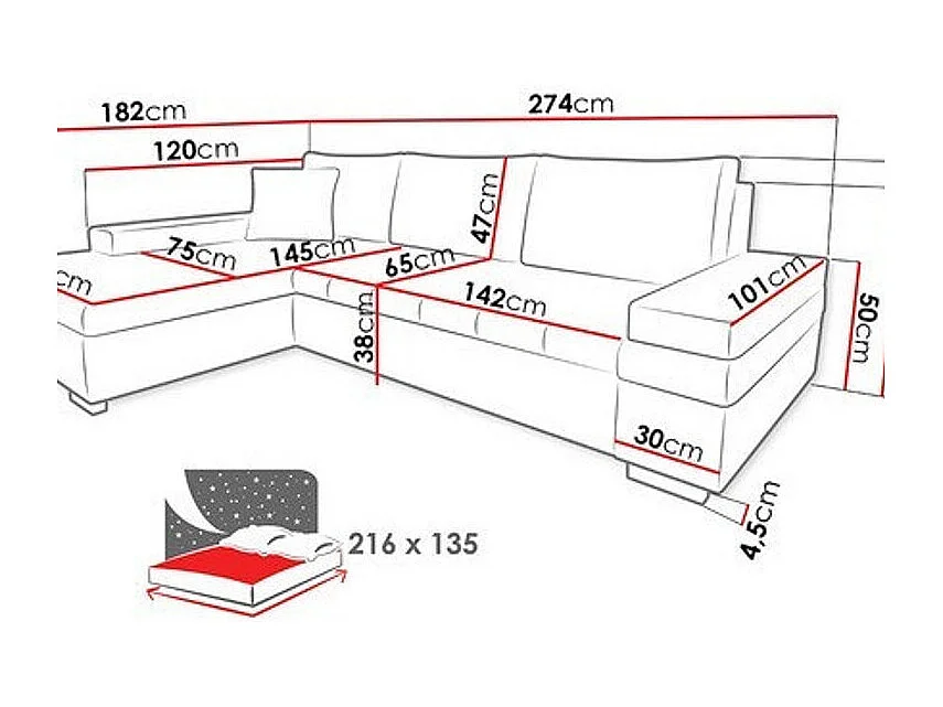 Canapé d'angle Comfivo 121, Gris, Fonction de couchage, Boîte de literie, 274x182x83cm