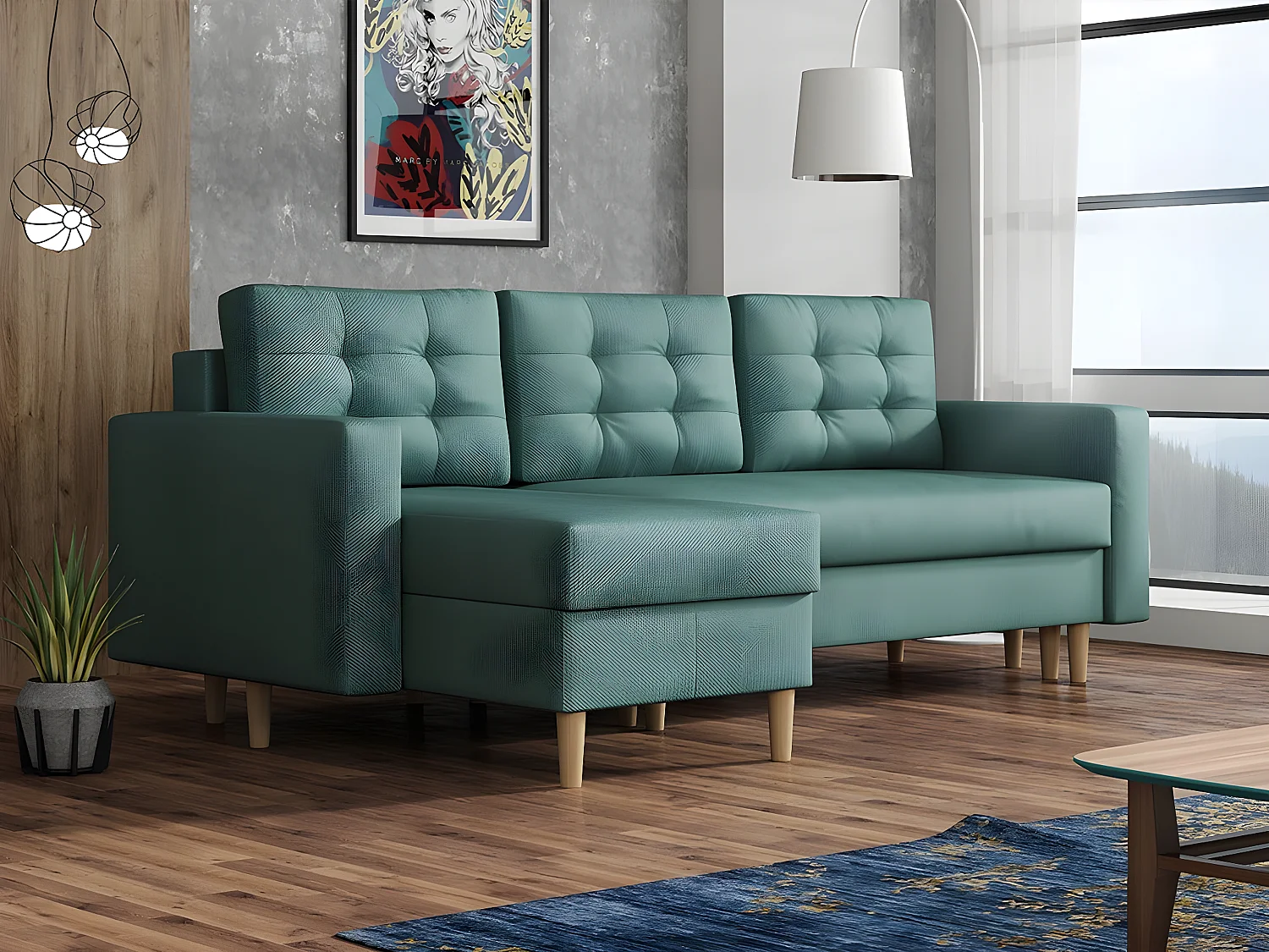 Sofá de canto Columbus 108, Turquesa, Funcionalidade de dormir