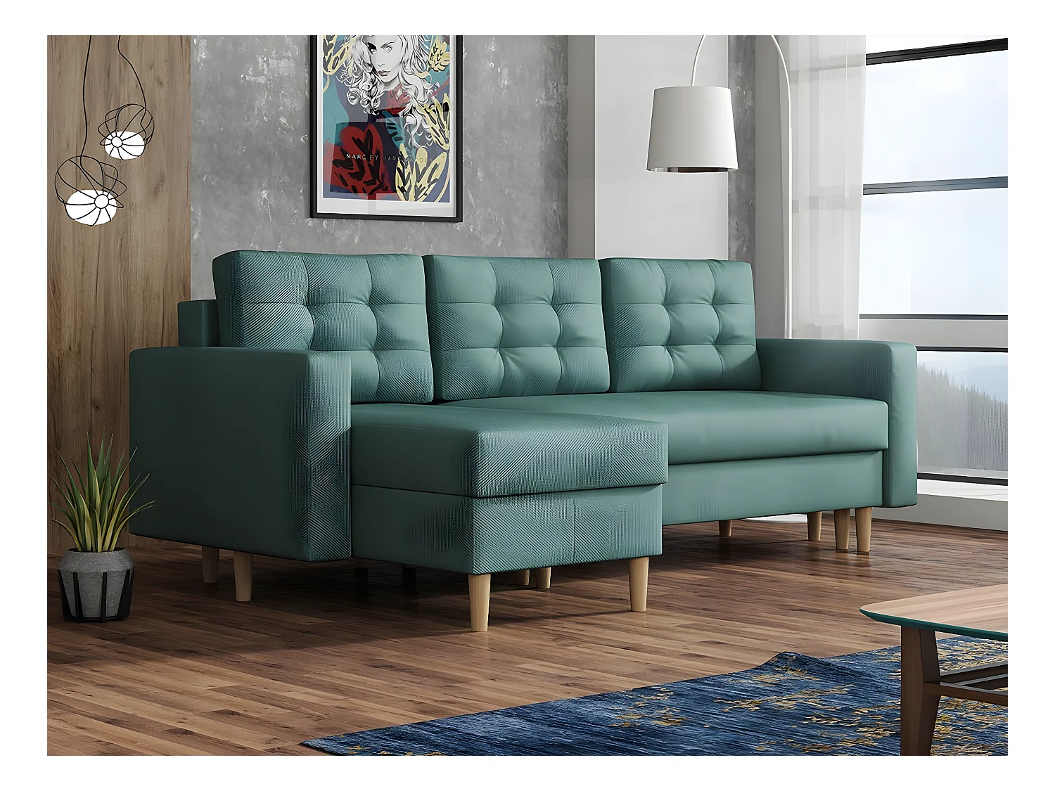 Canapé d'angle Columbus 108, Turquoise, Fonction de couchage, Boîte de literie, 220x135cm