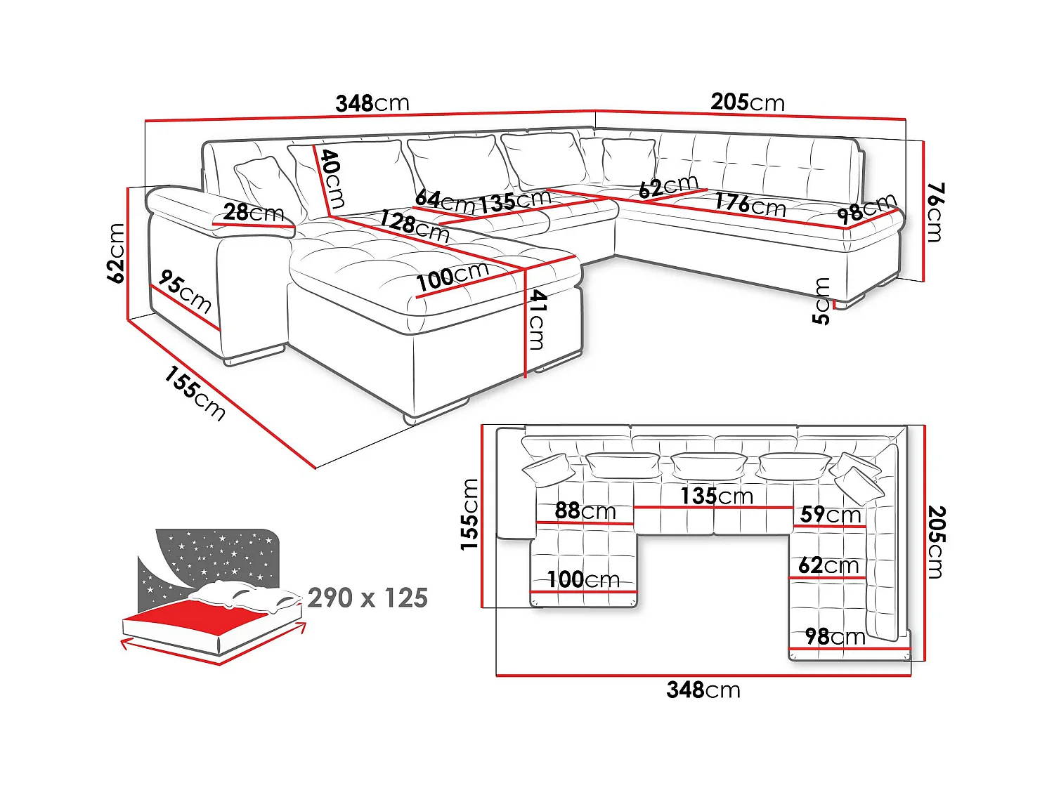 Sofá rinconero Comfivo 114, Azul, Función de descanso, Almacenaje, 348x205x76cm