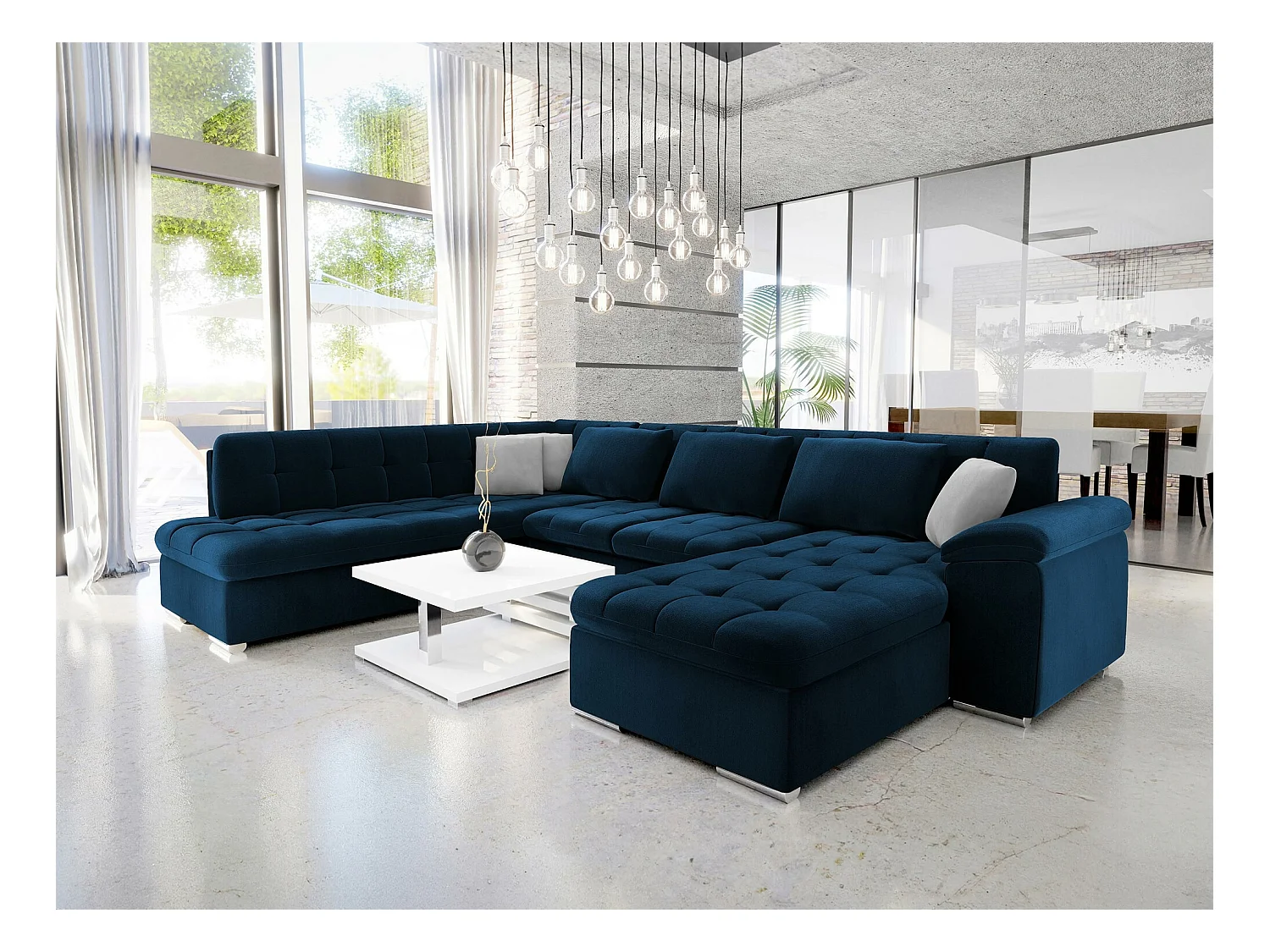 Canapé d'angle Comfivo 114, Bleu, Fonction de couchage, Boîte de literie, 348x205x76cm