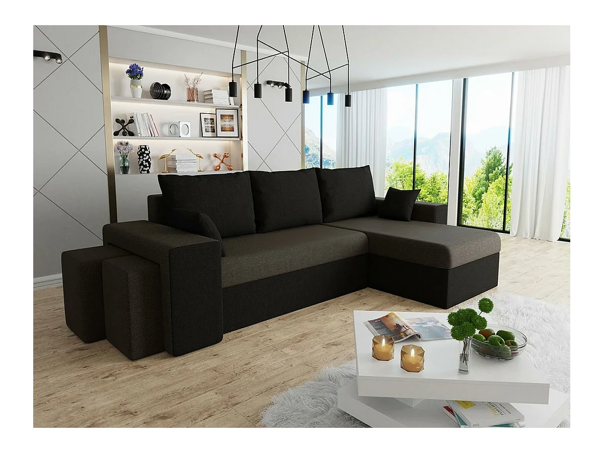 Canapé d'angle Memphis 129, Marron, Fonction de couchage, Boîte de literie, 256x139x80cm