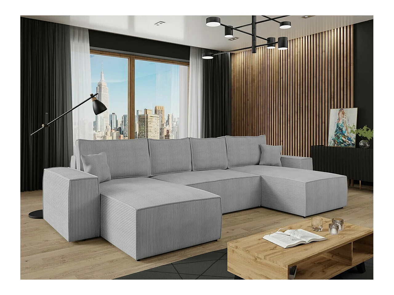 Canapé d'angle Clovis 109, Gris, Fonction de couchage, Boîte de literie, 370x174x94cm