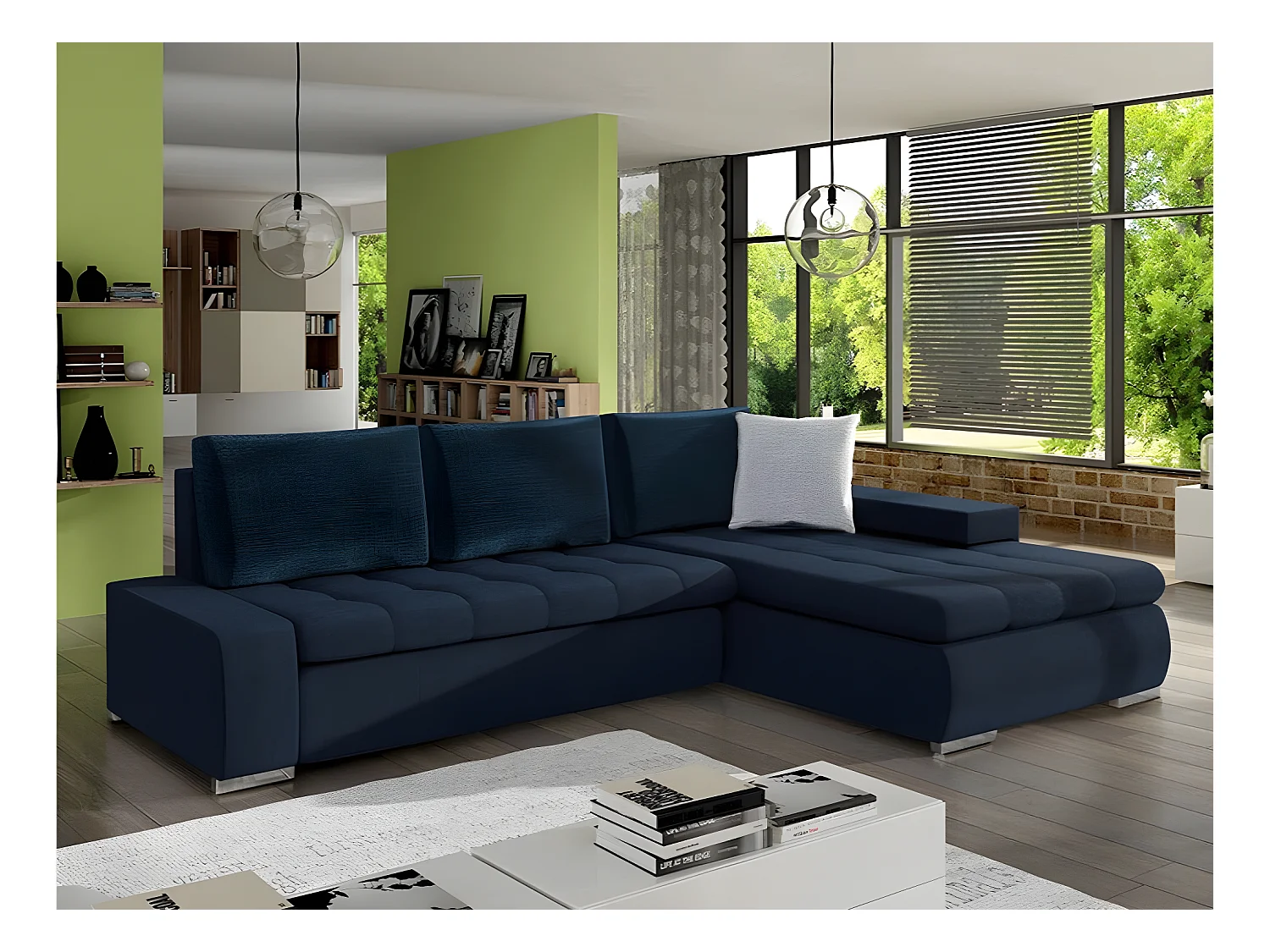 Canapé d'angle Comfivo 171, Bleu, Fonction de couchage, Boîte de literie, 265x185x85cm
