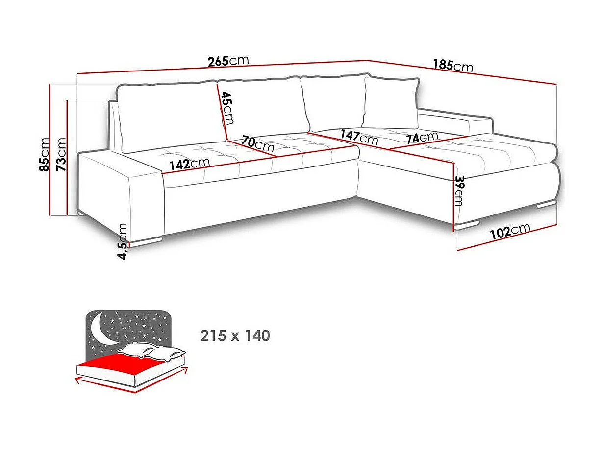Sofá rinconero Comfivo 171, Azul, Función de descanso, Almacenaje, 265x185x85cm