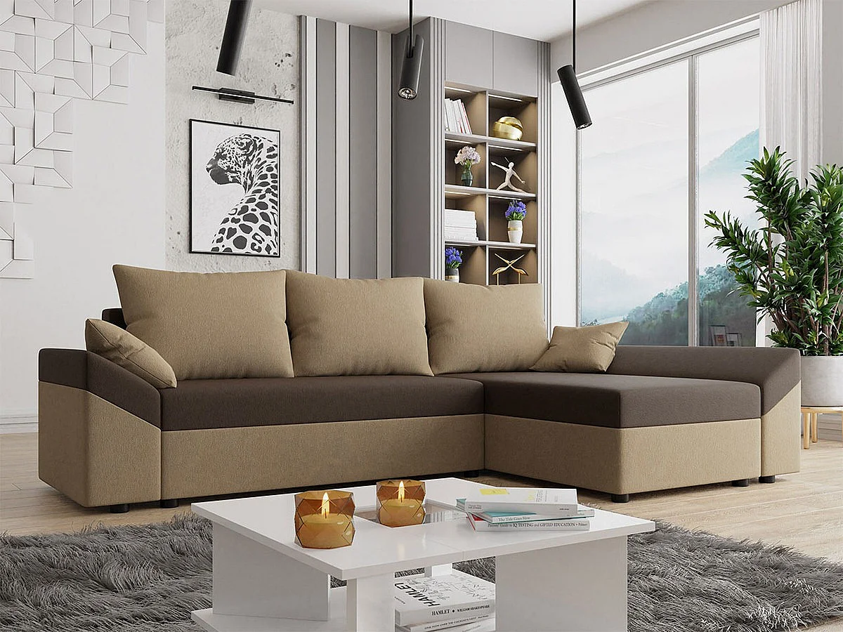 Sofá rinconero Memphis 104, De color marrón claro, Función de descanso, Almacenaje, 240cm