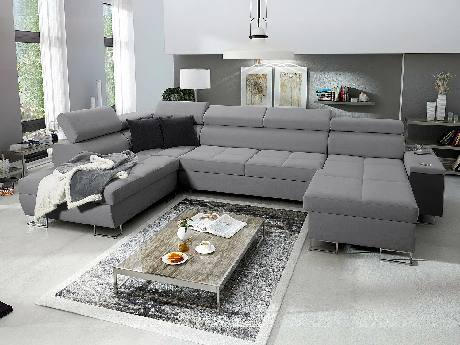 Canapé d'angle Pearland 114, Gris, Fonction de couchage, Boîte de literie, 360x221x84cm