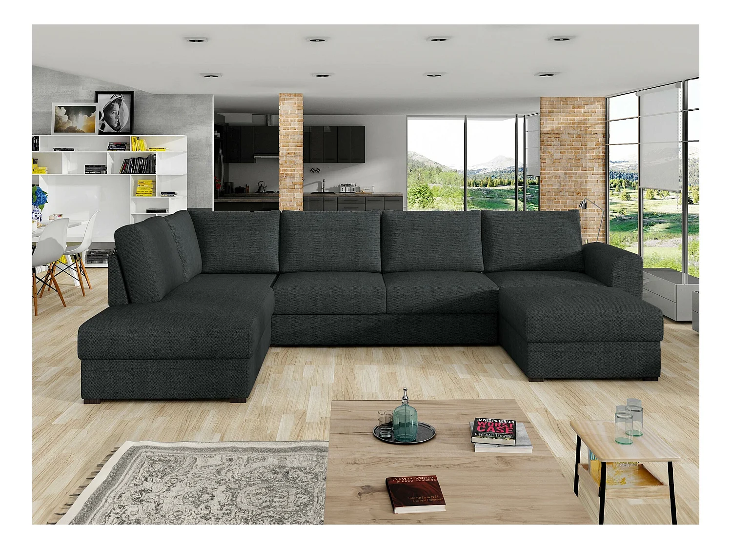 Canapé d'angle Comfivo 189, Gris, Fonction de couchage, Boîte de literie, 305x188x85cm