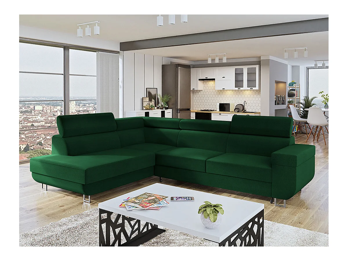 Canapé d'angle Comfivo 306, Vert, Fonction de couchage, Boîte de literie, 253x188x71cm