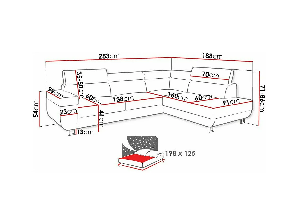 Ecksofa mit Schlaffunktion und Bettkasten - 253x188x71-86 cm - Manila 35 - Seite: Links - Fonti