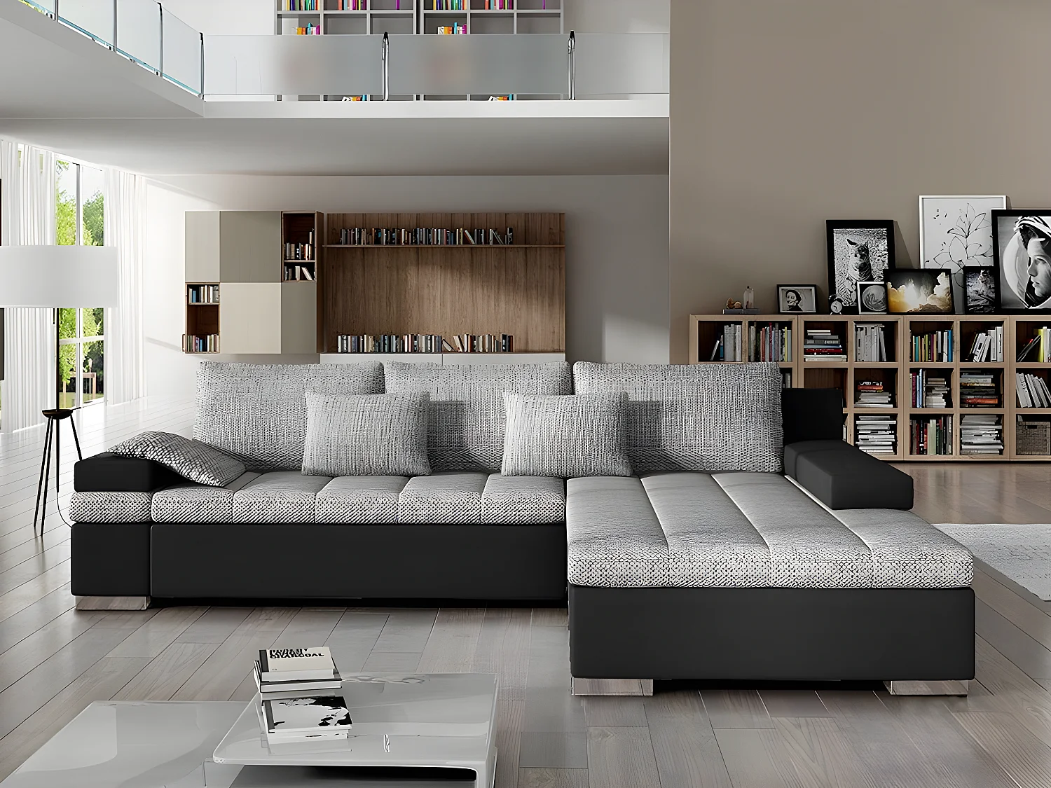 Sofá rinconero Comfivo 113, Gris, Función de descanso, Almacenaje, 310x175x83cm