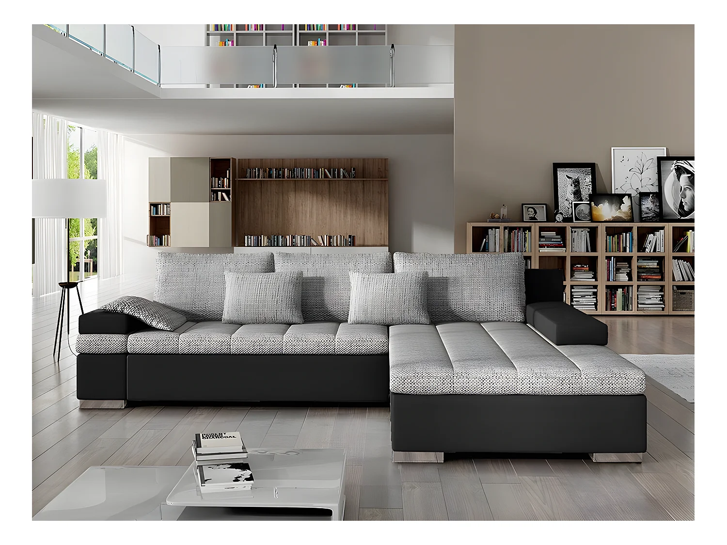 Canapé d'angle Comfivo 113, Gris, Fonction de couchage, Boîte de literie, 310x175x83cm