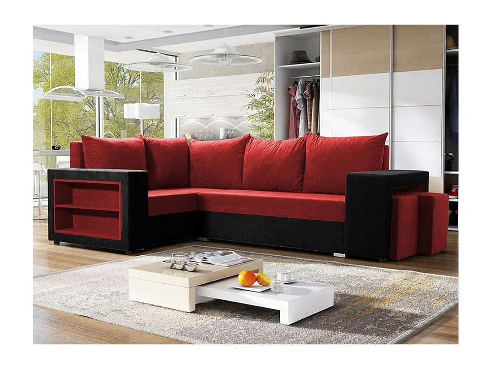 Canapé d'angle Muncie 103, Rouge, Fonction de couchage, Boîte de literie, 250x162x85cm