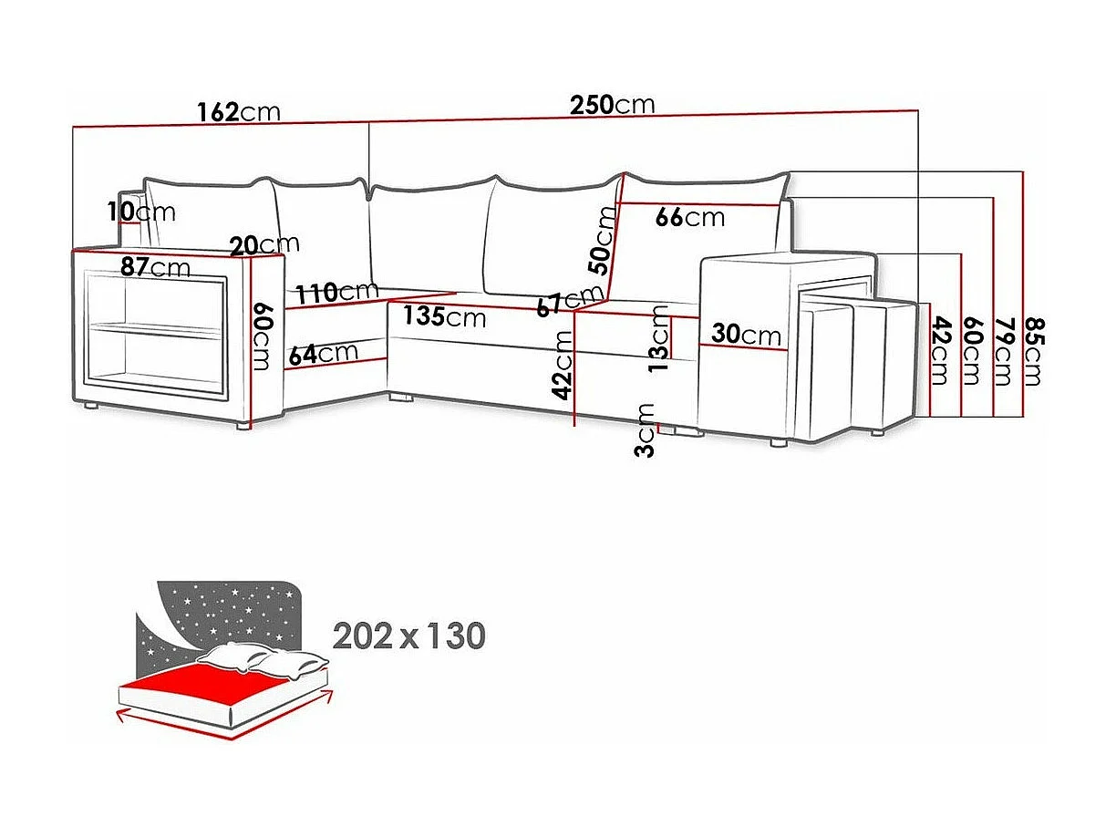 Sofá rinconero Muncie 103, Rojo, Función de descanso, Almacenaje, 250x162x85cm