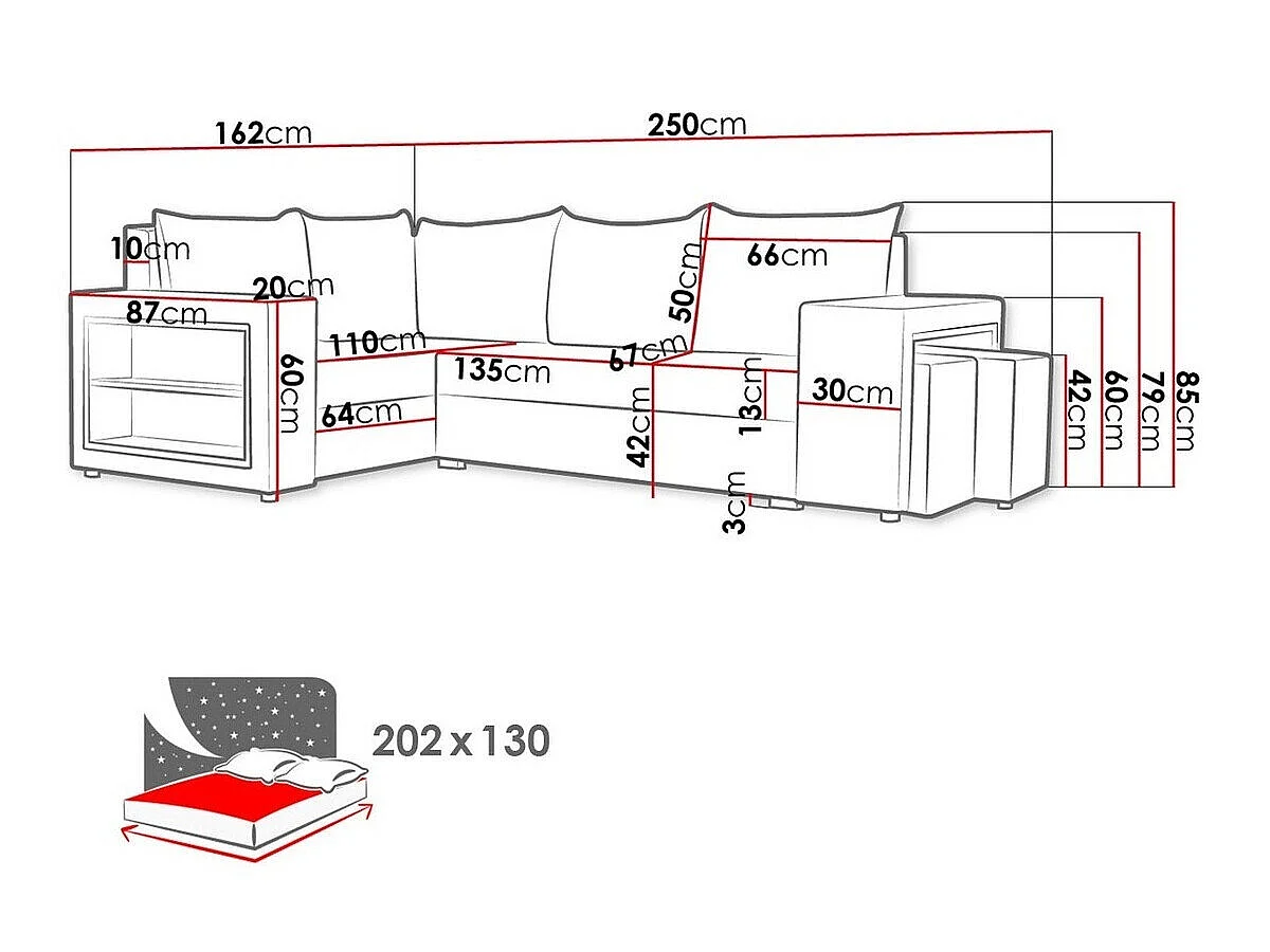 Canapé d'angle convertible 3 places en tissu rouge MUNCIE