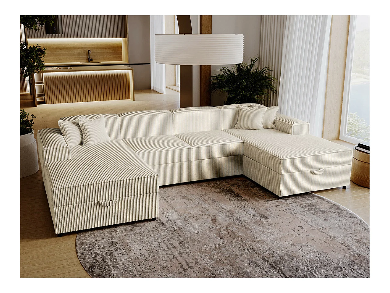 Canapé d'angle Clovis 115, Brun clair, Fonction de couchage, Boîte de literie, 320x166cm
