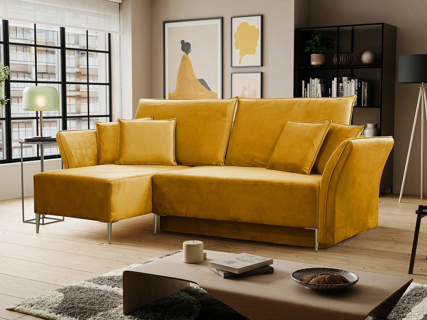 Sofá de canto Providence 146, Amarelo, Funcionalidade de dormir