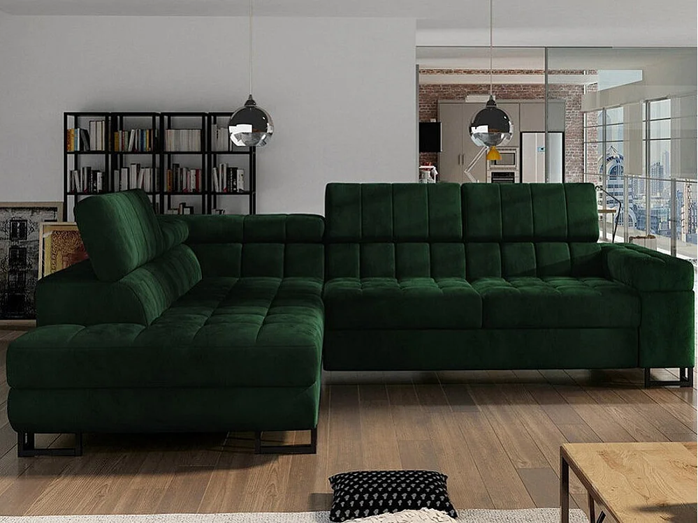 Sofá rinconero Comfivo 232, Verde, Función de descanso, Almacenaje, 271x203x71cm