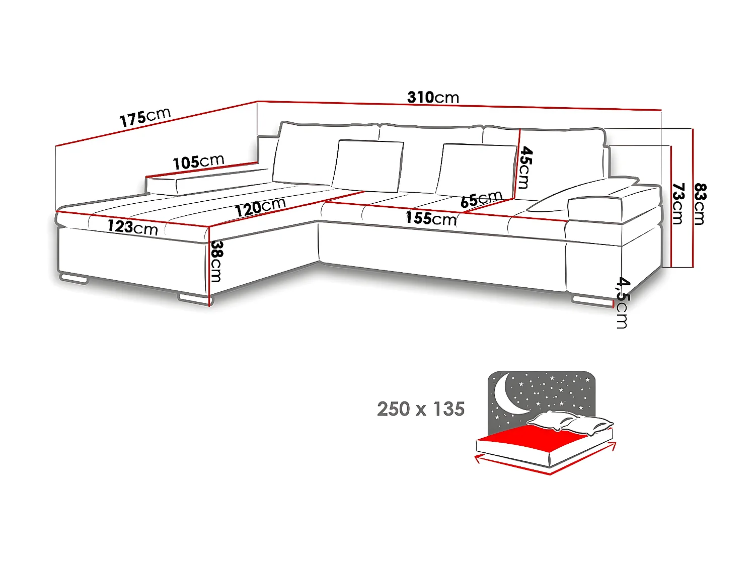 Canapé d'angle Comfivo 113, Marron, Disponible, 310x175x83cm