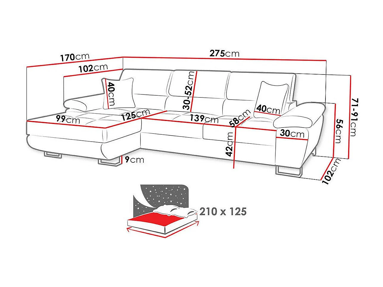 Canapé d'angle Comfivo 192, Marron, Fonction de couchage, Boîte de literie, 275x170x71cm