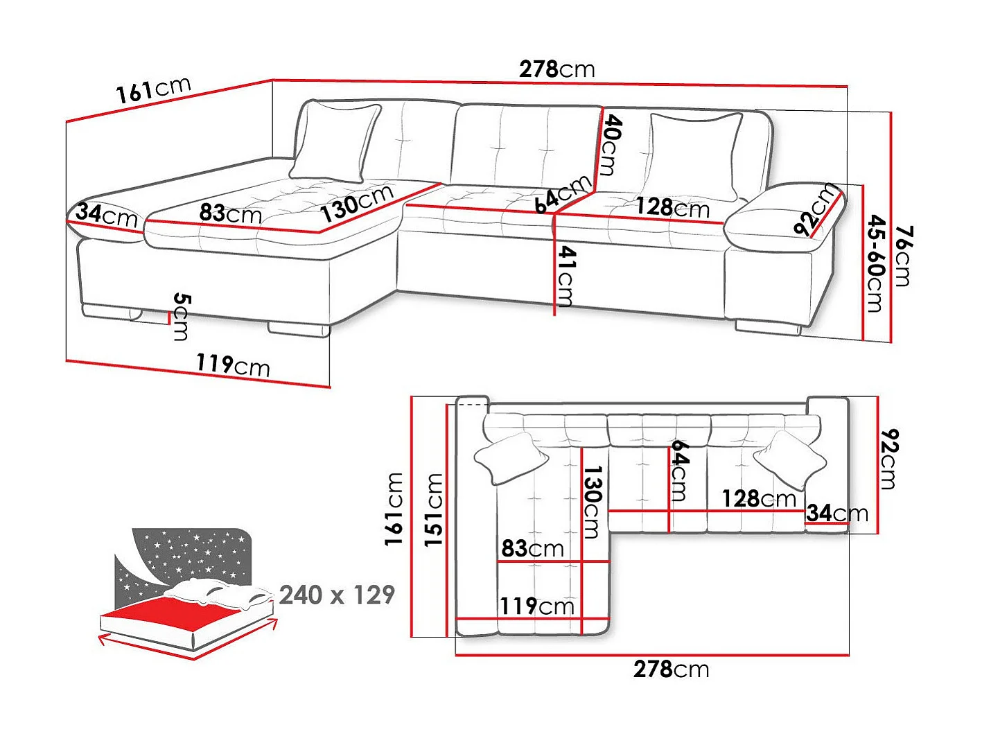 Sofá rinconero Comfivo 152, Gris, Función de descanso, Almacenaje, 278x161x76cm
