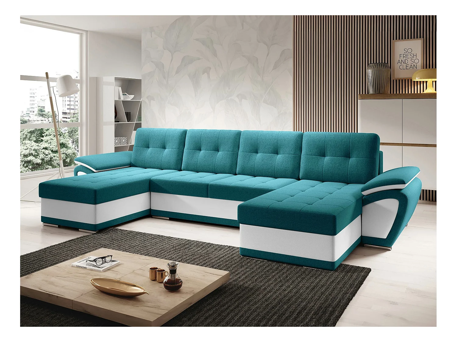 Canapé d'angle Arvada 115, Turquoise, Fonction de couchage, Boîte de literie, 336x157cm