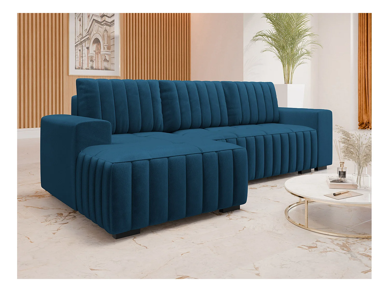 Canapé d'angle Columbus 154, Bleu, Fonction de couchage, Boîte de literie, 240x140x85cm