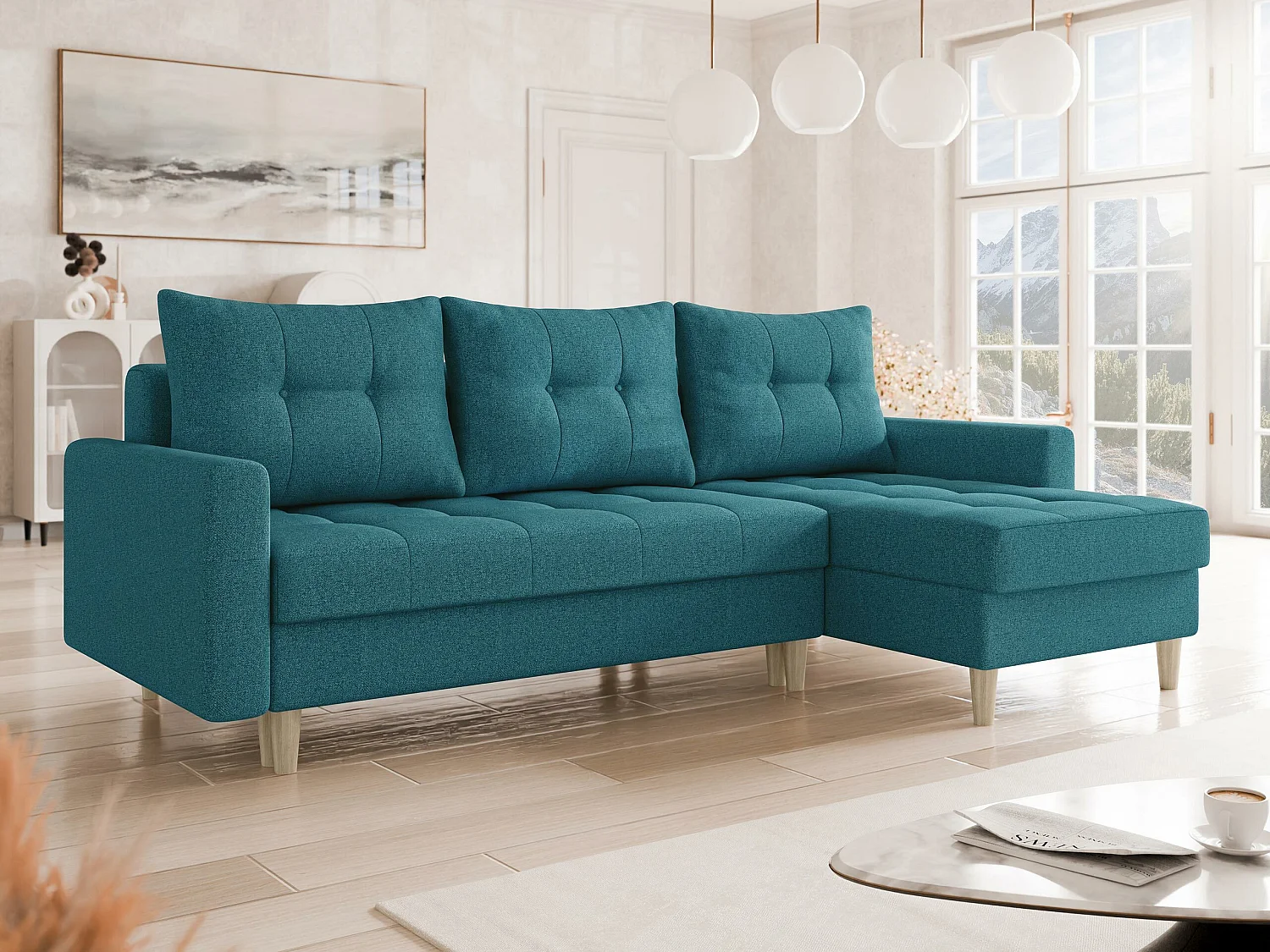 Sofá de canto Boulder 100, Turquesa, Funcionalidade de dormir