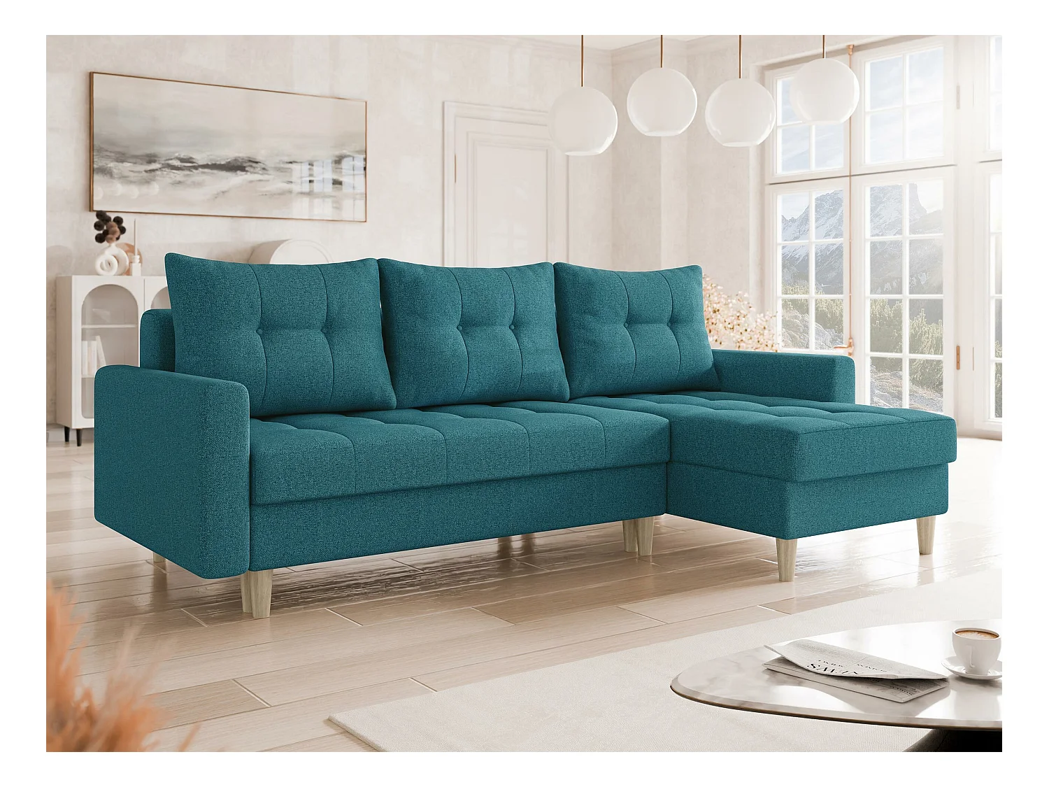 Canapé d'angle Boulder 100, Turquoise, Fonction de couchage, Boîte de literie, 222x140cm